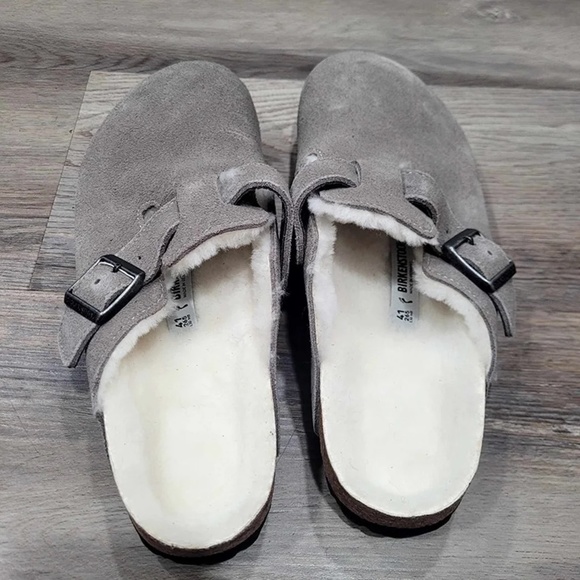 Birkenstock Suede Leather Boston Shearling Fur Gray Euro 41 Women 10 - Picture 2 of 6